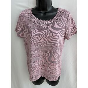 Belle Amie Pink Sparkly Top Y2K Size M Swirly Blouse Crewneck Girly Feminine